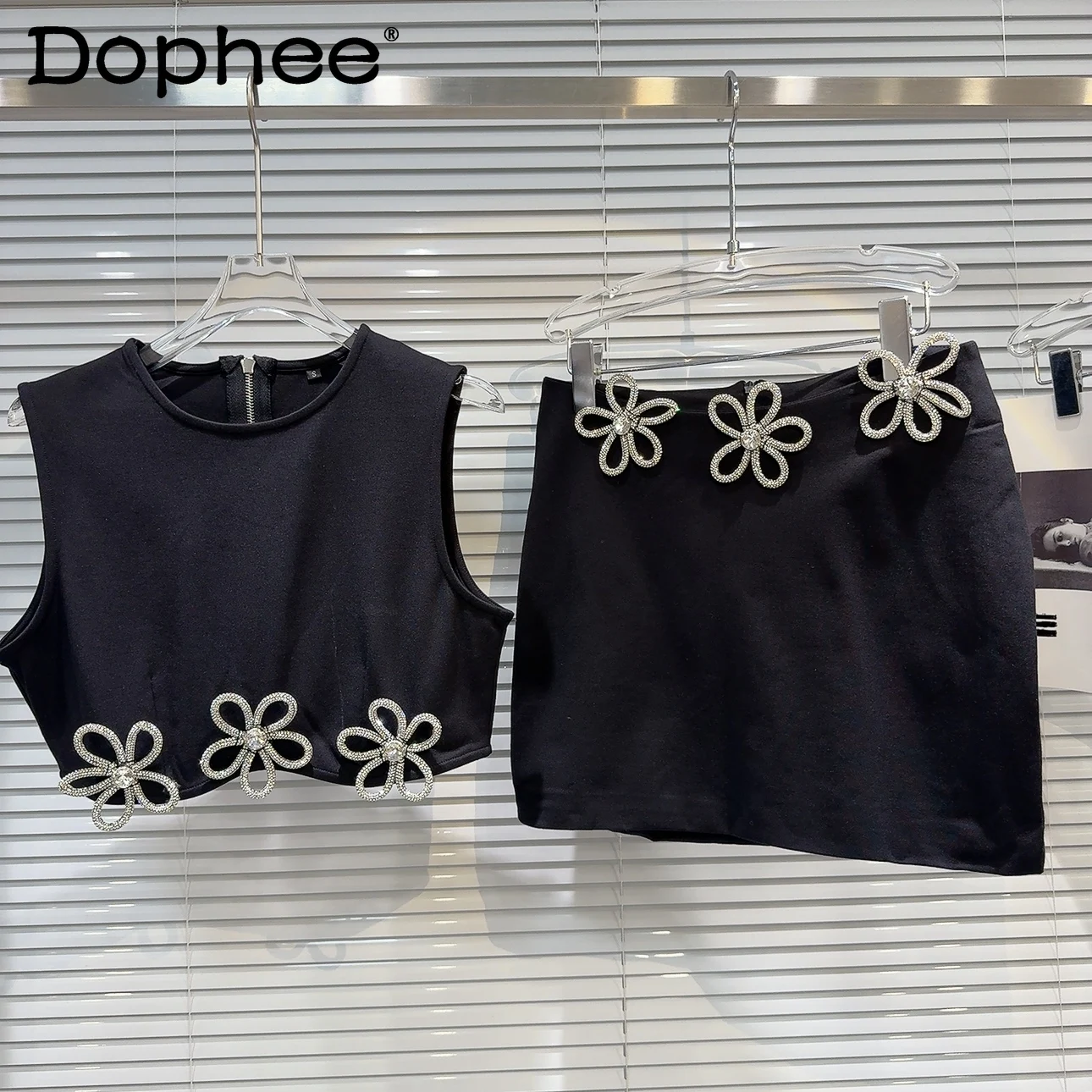 French Rhinestone Flower Decoration Vest and Skirt Suit Female 2024 Summer Black Sheath Mini Skirt Two Piece Sets Women Outifits