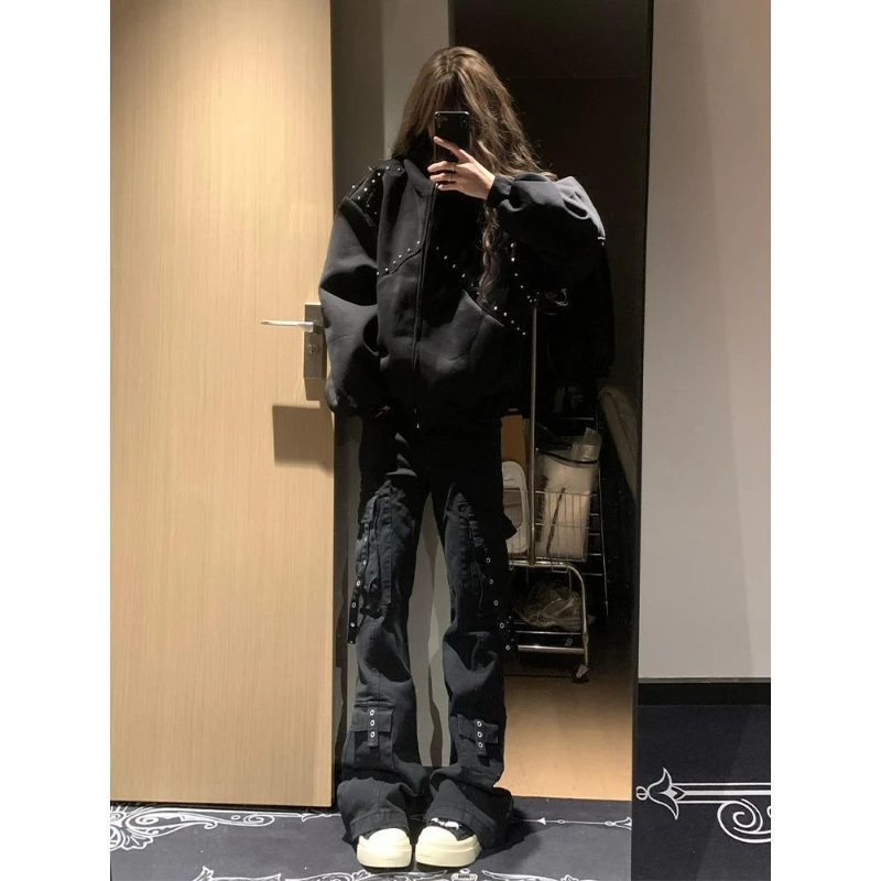 

American Vintage Long Sleeve Hooded Jacket Women Casual Punk Patchwork Pure Color Coat Streetwear Zipper Slim 2025 Autumn