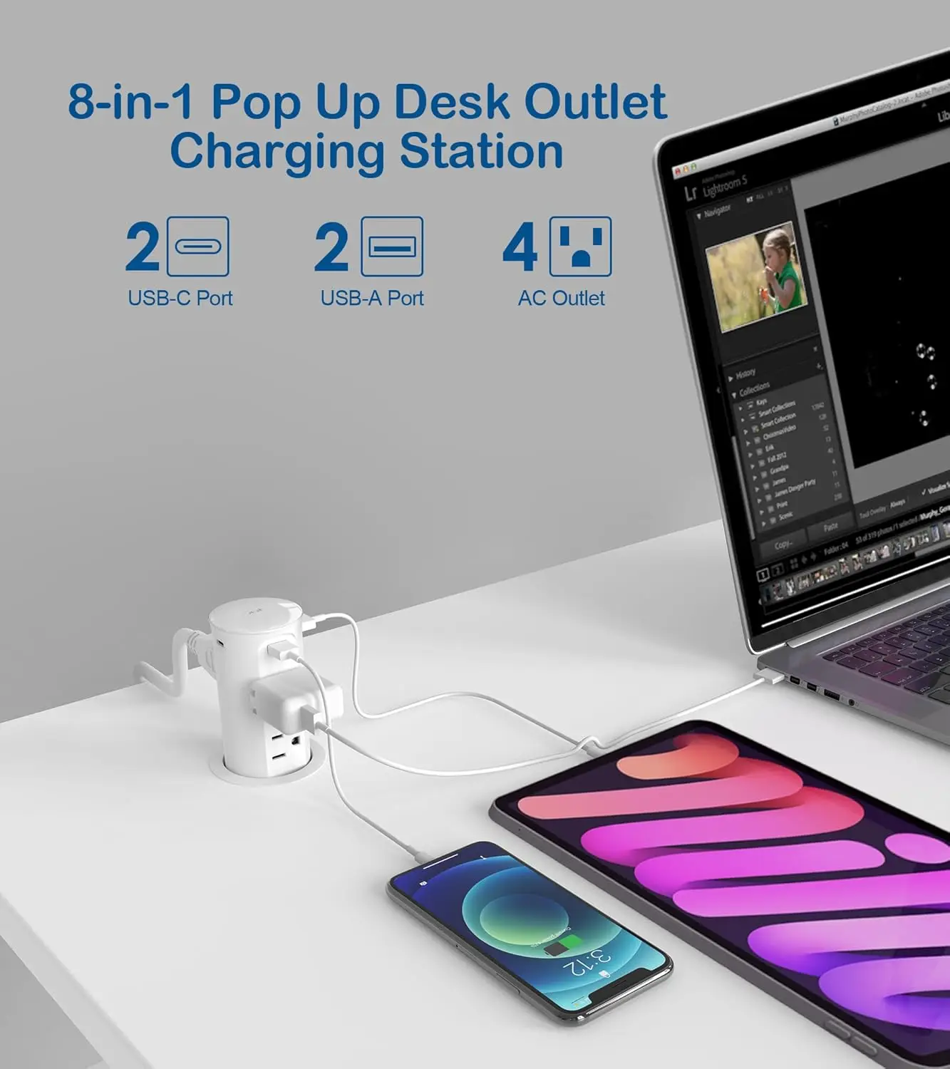 Pop up Outlet for Countertop,2.5 inch Hole Desktop Power Grommet,4 Outlets 4 USB Ports,15Amp Tamper Resistant Space Saver