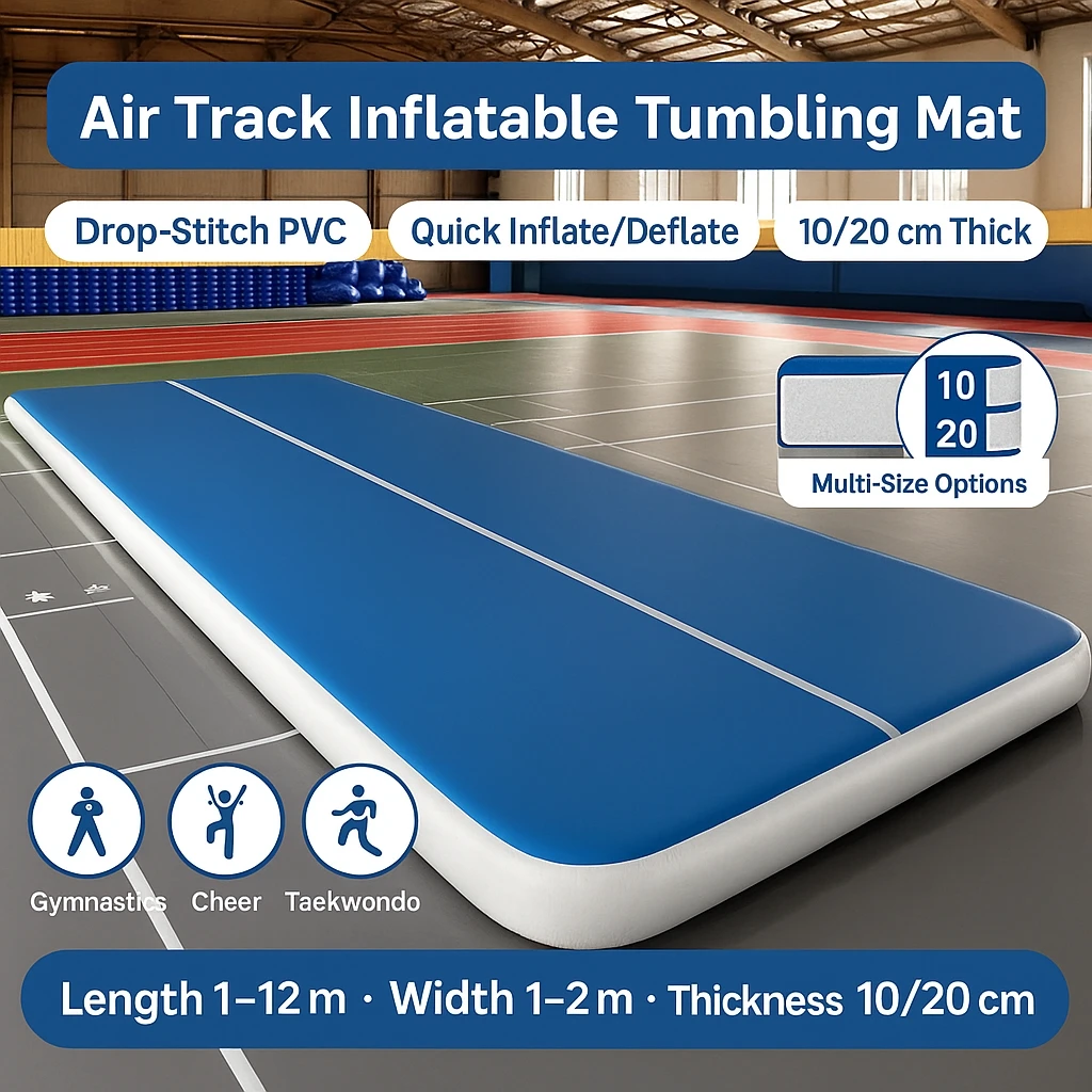 Blue Brushed  Air Track Inflatable Tumbling Mat – Gymnastics/Cheer/Home Training  Drop-Stitch PVC  10/20 Cm Thick Multi-Size
