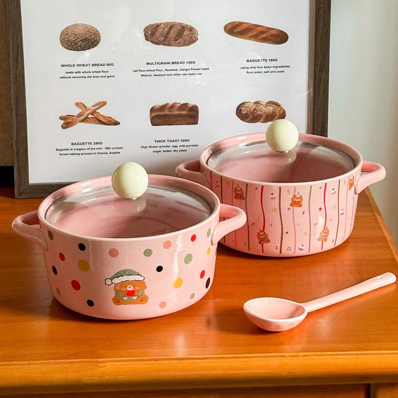 High value cute polka dot instant noodles, ceramic tableware, double ear soup bowl lid, large capacity