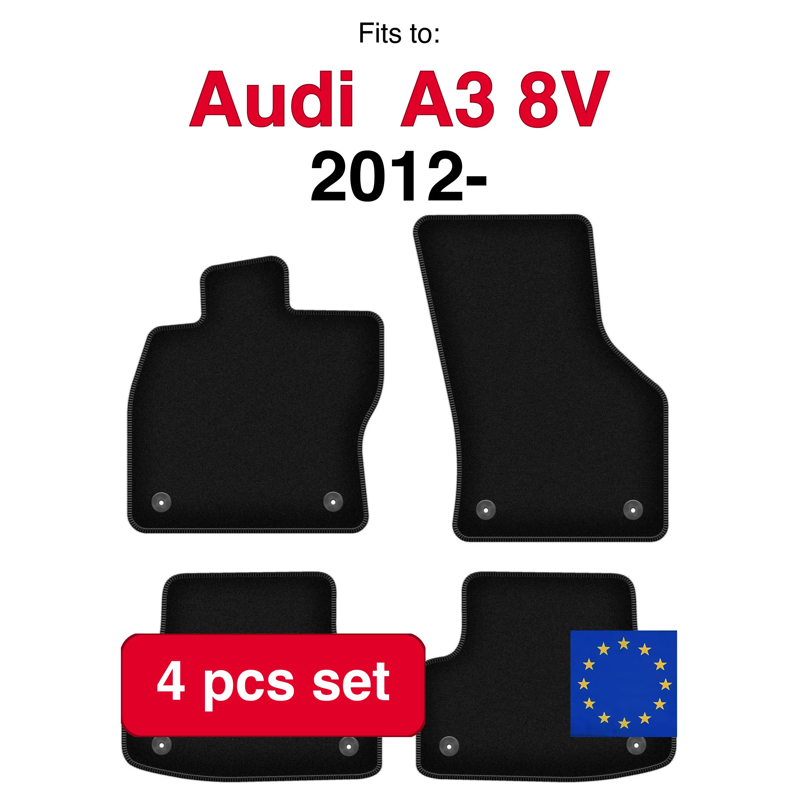 Image of Veloursteppich-Set für Audi A3 8V 3-Türer Limousine Sportback (2012-) - Schwarz (4 Stück) passgenaues Auto-Fußmatten-Set