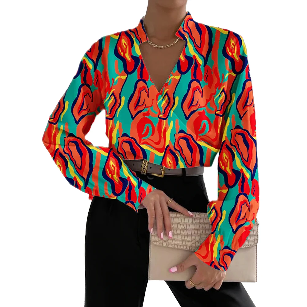 Tops Wit M-2XL Oranje Saffier Blouse Shirt T-shirt Casual Lange Mouw Print Dames Wrap Diepe V-hals Vakantie