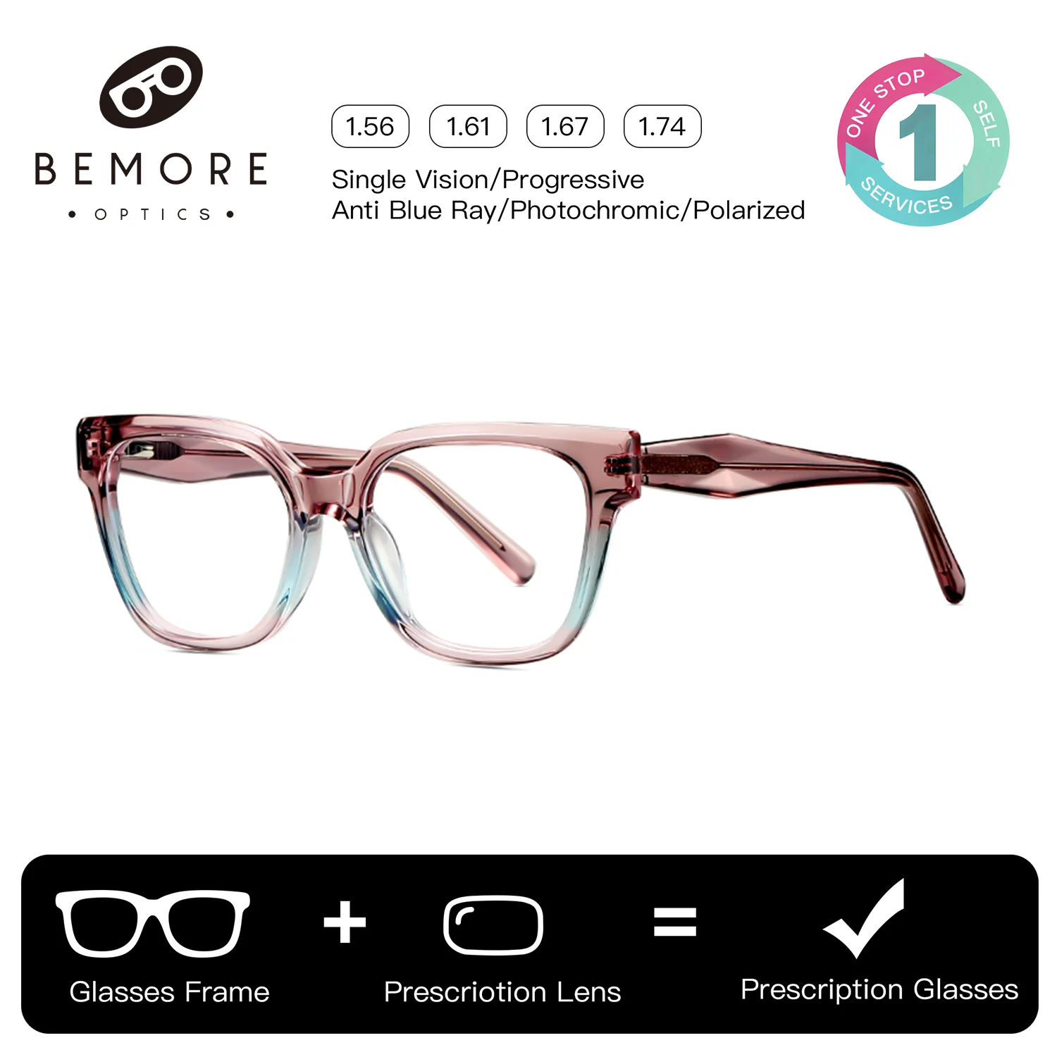 

BEMORE Fashion Butterfly Ultralight Acetate Myopia Glasses for Woman Square Blue Light Filter Photochromic Grey Optical Eyewear