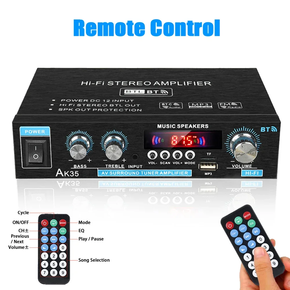 

AK35/AK170 800W 12V Домашний/автомобильный Bluetooth Hi-Fi усилитель мощности, стереоусилитель звука с USB, TF, RCA, AUX входами + пульт ДУ