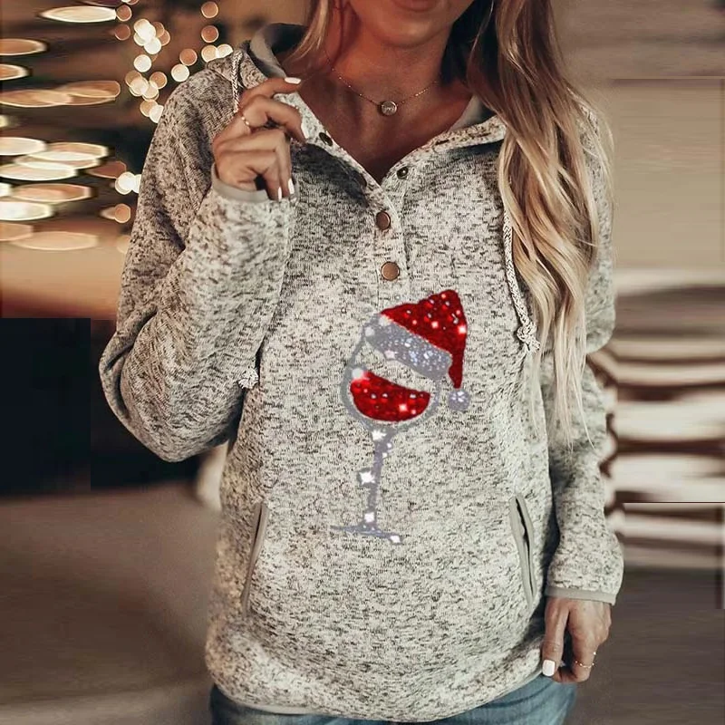 

2021 New Red Wine Glass Print Sweatshirt Button Collar Loose Casual Female Pullover Gray High Quality Ladies Autumn Jumpers Tops