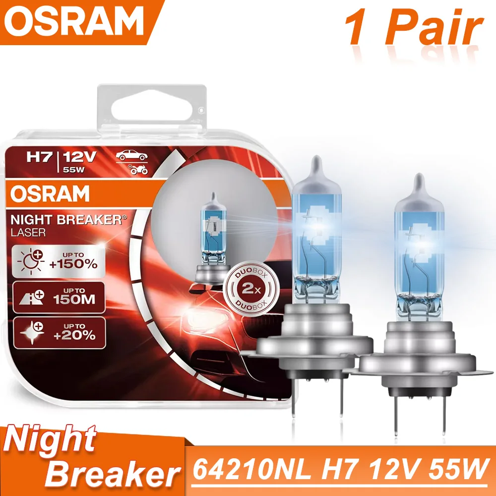 OSRAM Night Breaker Laser H7 12V 55W 64210NL PX26D Headlight Car Bulbs 3700K Next Generation Hi/lo Beam +150% Brightness (2PCS)