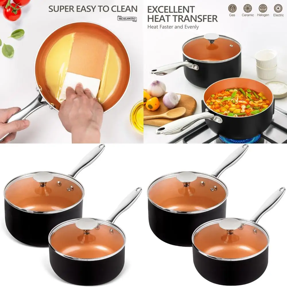 

Copper Saucepan Set, 2-Quart & 3-Quart Nonstick Ceramic Interior, Multipurpose Use with Lids
