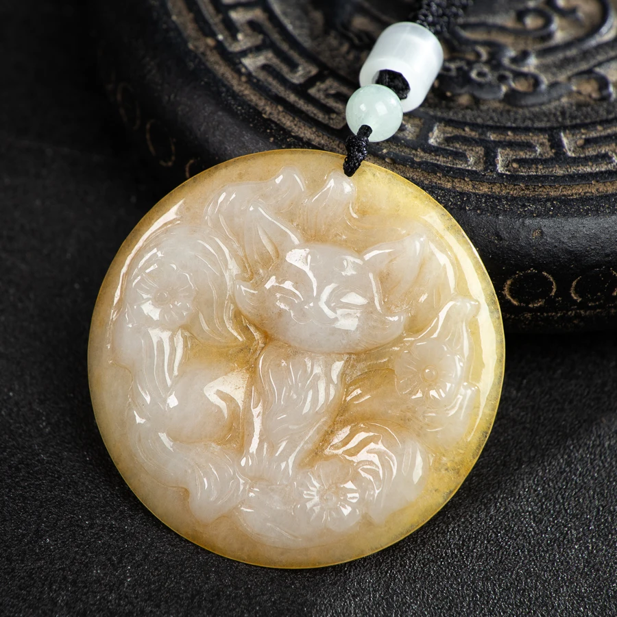 

TIMESWIND Natural Myanmar A-type Jade Nine-tailed Fox God Yellow Round Pendant Women Lucky Necklace with Certificate