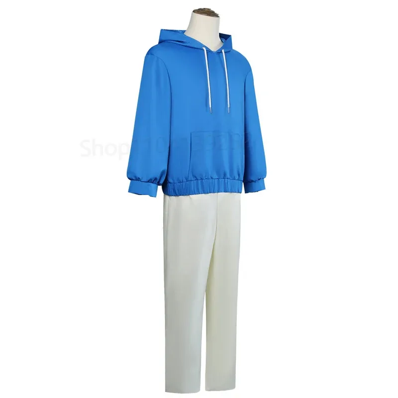 Sakamoto Days Cosplay Shin Asakura Costume Wigs Blue Hoodie White Pants Set Halloween Carnival Unisex Tracksuit Anime Clothes