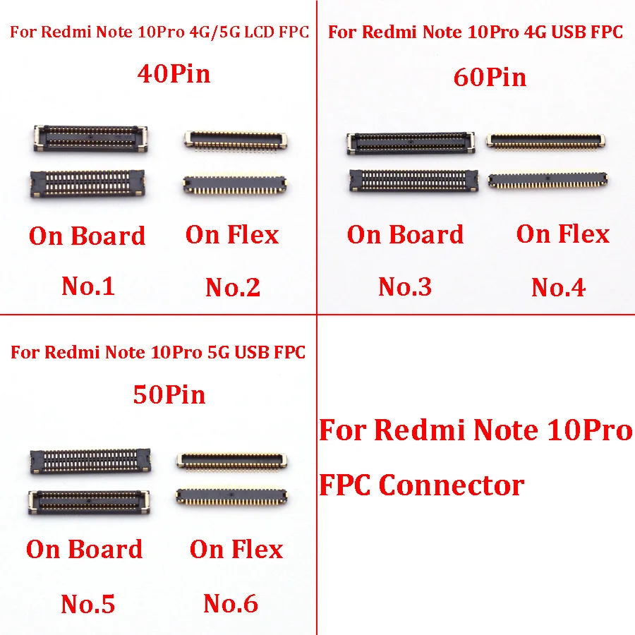 2pcs 40 50 60 Pin LCD Display Screen FPC Connector On Board For Xiaomi Redmi Note 10 Pro 4G/ Note10 Pro 5G Usb Charging Charger