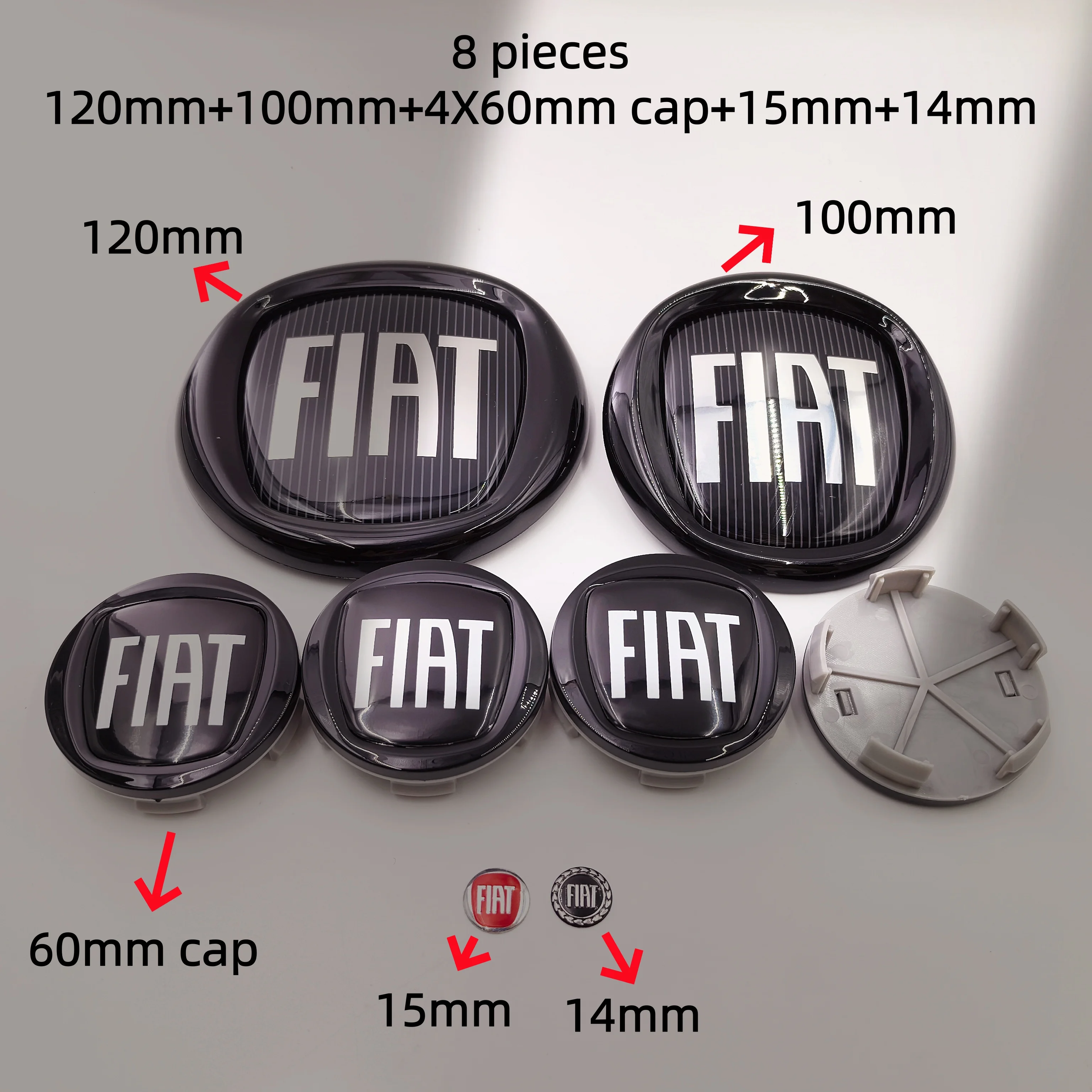 8-teiliges Fiat 500 Auto-Emblem-Set Vorne 10/12cm Hinten Kofferraum & Motorhaube Embleme Auto-Styling Abzeichen
