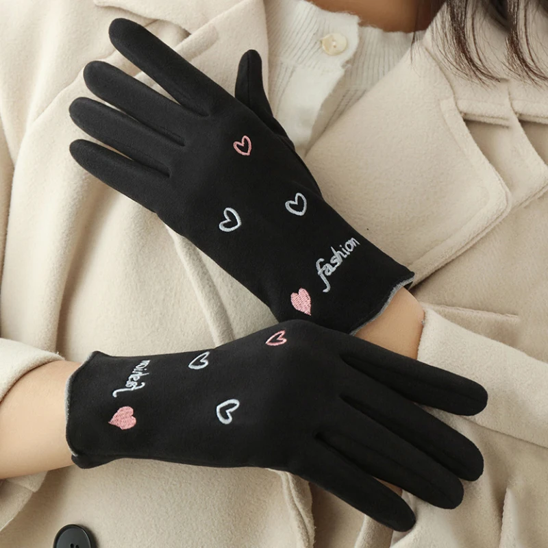 Winter Women Keep Warm Touch Screen Gloves Cute Lovely Heart Embroidery Fashion Elegant Drive Cycling Cold Protection