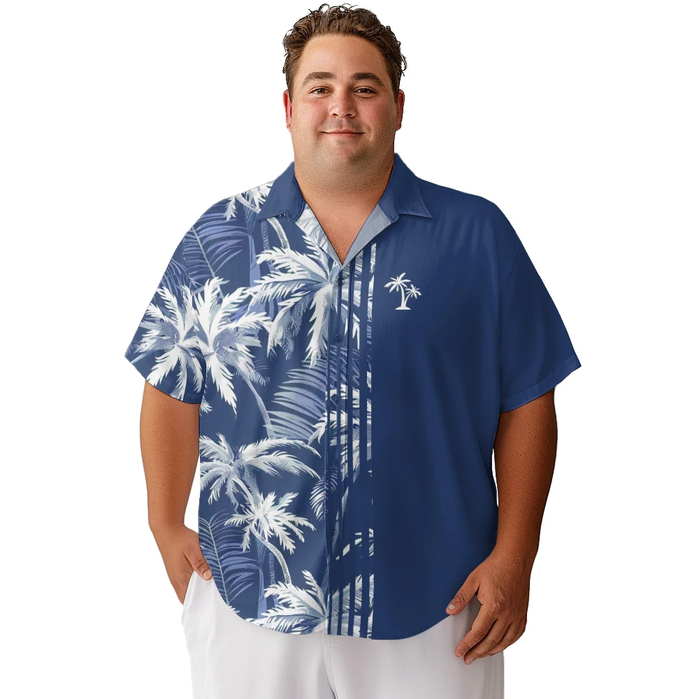 2024 new  camisas de hombre White coconut tree with blue base printed clothing men's shirt loose large size casual short-sleeved