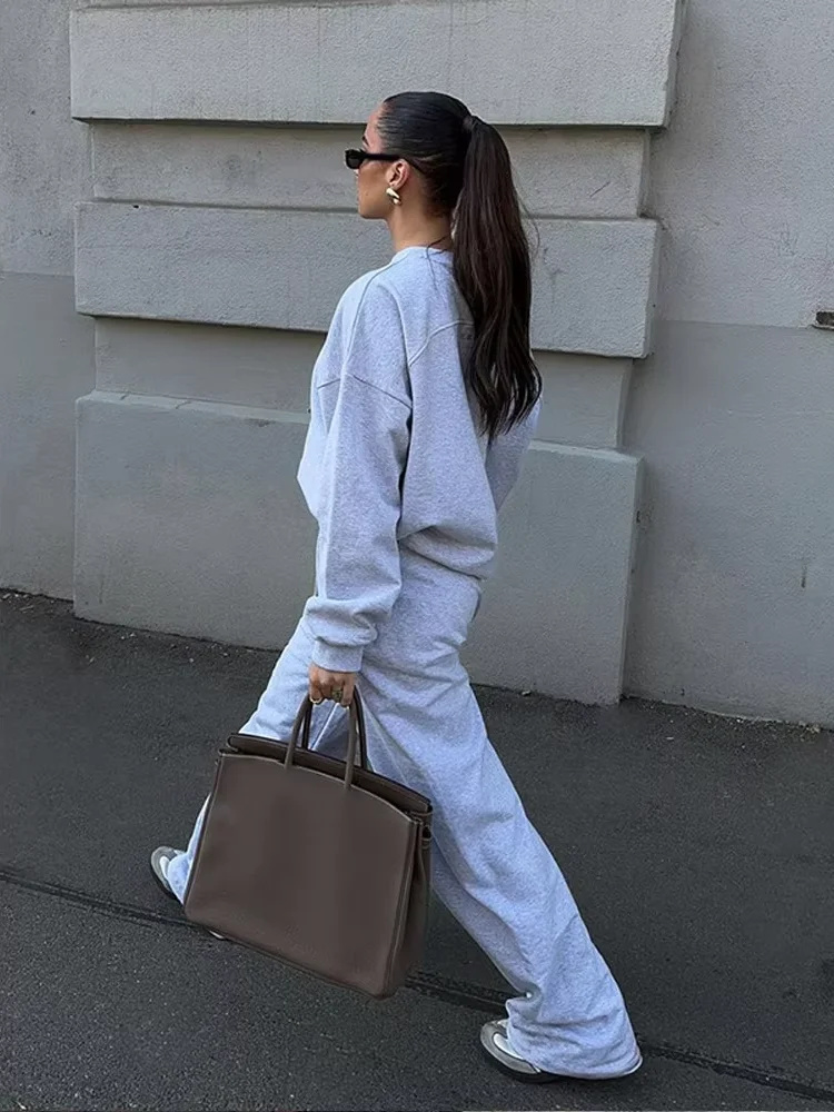 

Серый эластичный комплект с капюшоном и брюками с круглым вырезом, женские повседневные свободные толстовки с длинными рукавами, женские новые уличные комплекты для поездок на работу