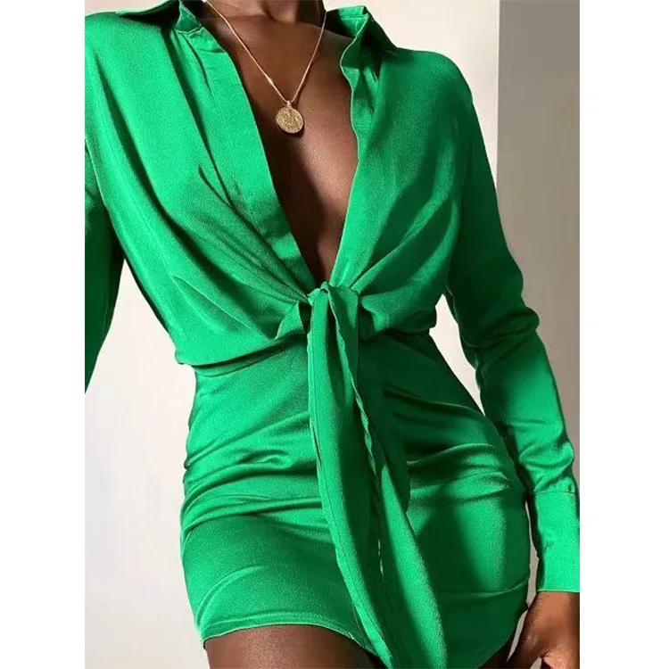 Faionable V-ne Long Sve irt Dr Damen Herbst Lässig Gürtel Button-up Hohe Taille Bum Rock Einteiler Polyester