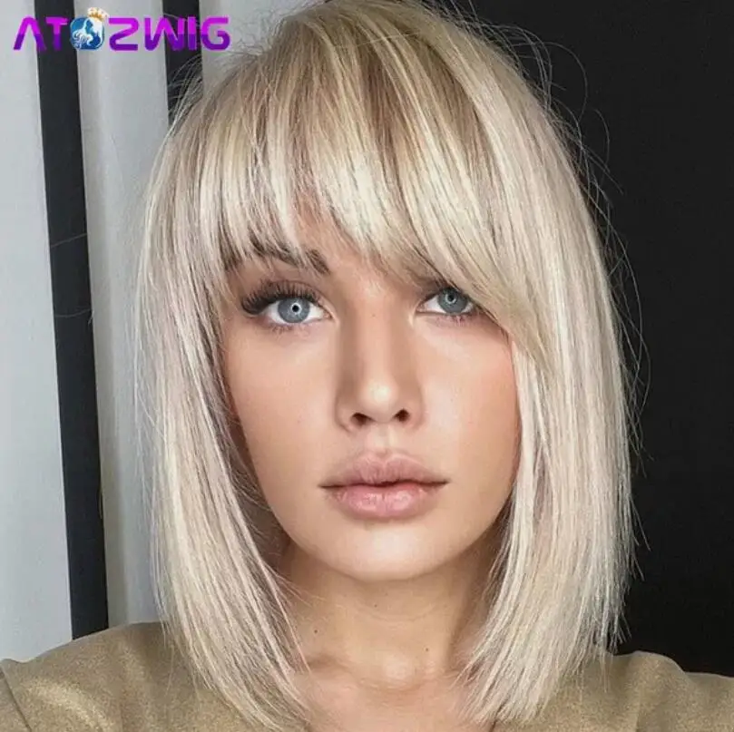 Ombre Blonde Bob Wig With Bangs Ash Blonde Wigs Natural Blond Women Short Wigs