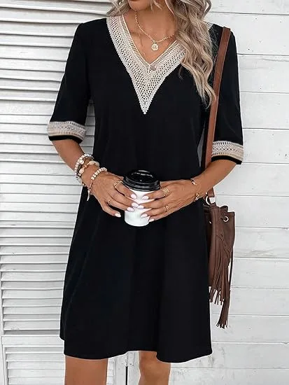 Fashion Vintage V-neck Short Sleeve Lace Dress Women 2024 Summer Casual Loose Solid Elegant Office Ladies Dresses For Women