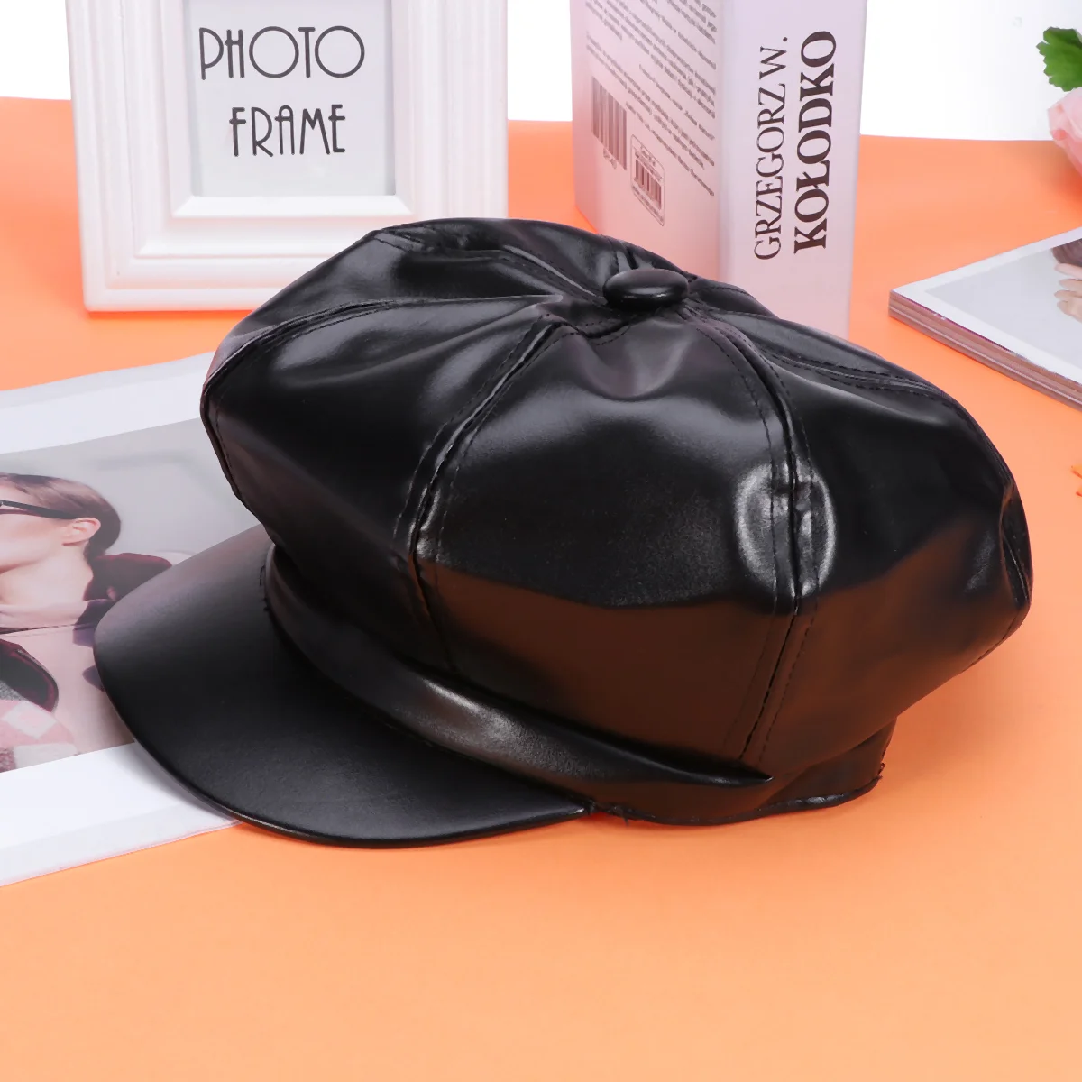 

Fashion Ladies PU Artifical Retro Beret Octagonal Artists Painters Peaked Cabbie Unisex (Black)