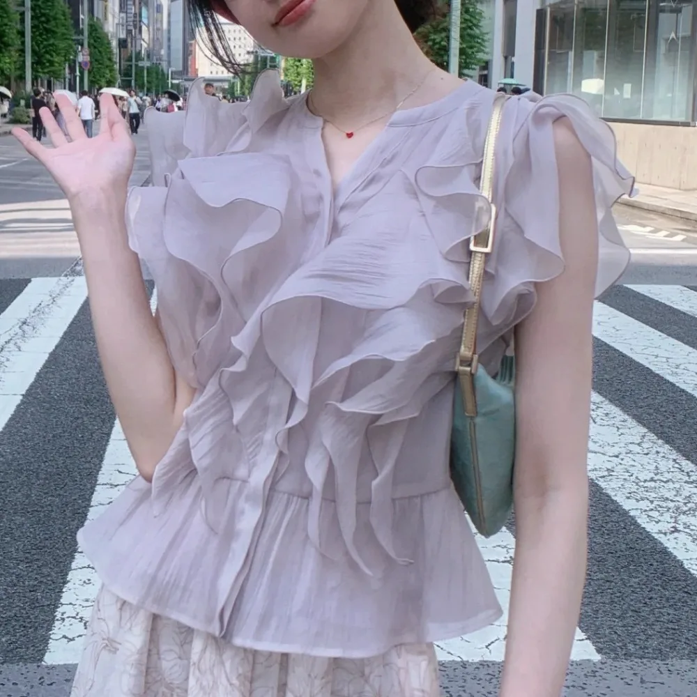 

Sweet Ruffles 2025 Woman Shirts & Blouses Japan Sleeveless Tunic Ropa Mujer Summer New Blusas V-neck Clothing Gentle Camisas