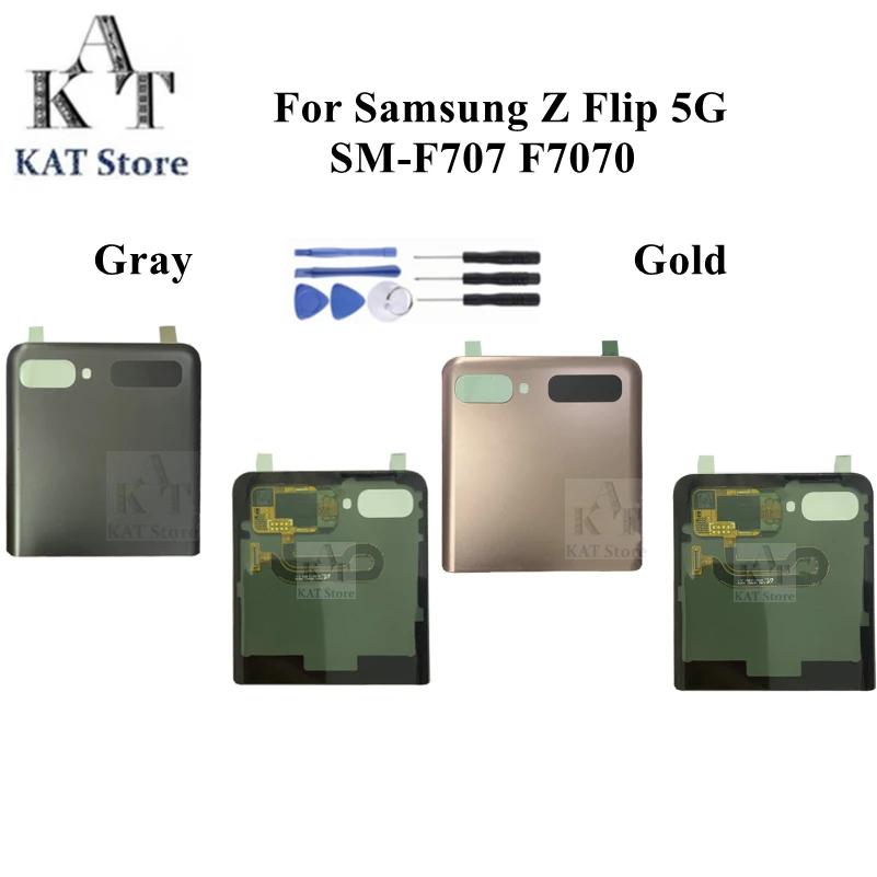 1Pcs For Samsung Galaxy Z Flip 5G SM-F707 F7070 Battery Top Back Glass Cover Rear Door Housing With Small LCD Screen Replacement