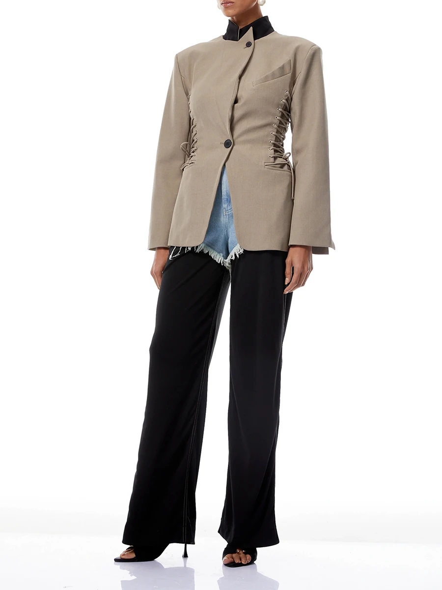 VGH elegante chaqueta de diseñador con cordones laterales para mujer, cuello con muescas, manga larga, retazos, un solo botón, chaquetas de calle adelgazantes