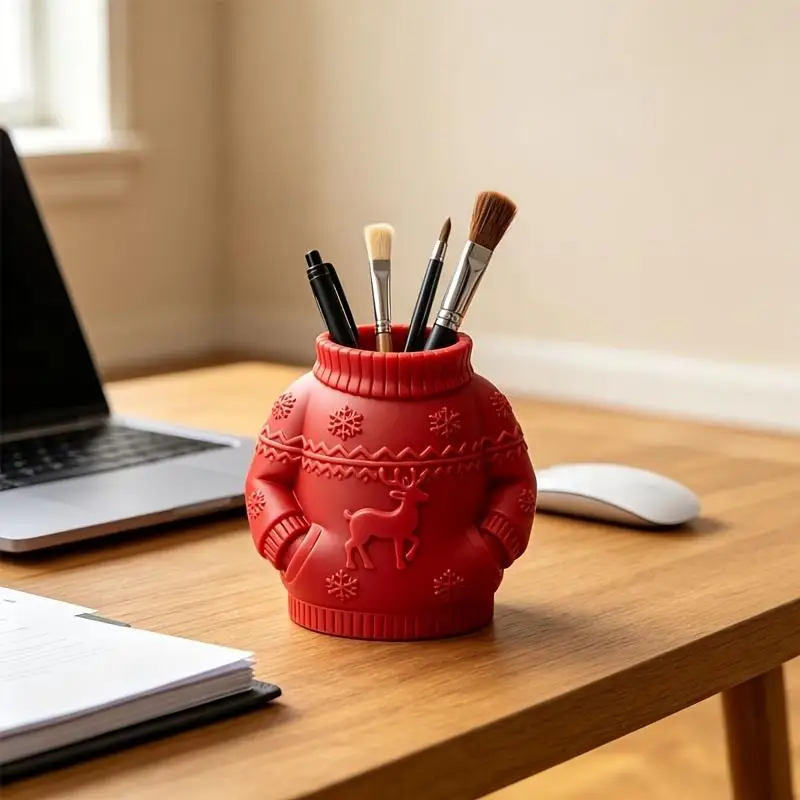 3D-Printed Sweater Shaped Pen Holder Embossed Reindeer Snowflake Patterns For Christmas Decoration Home Desktop Ornament