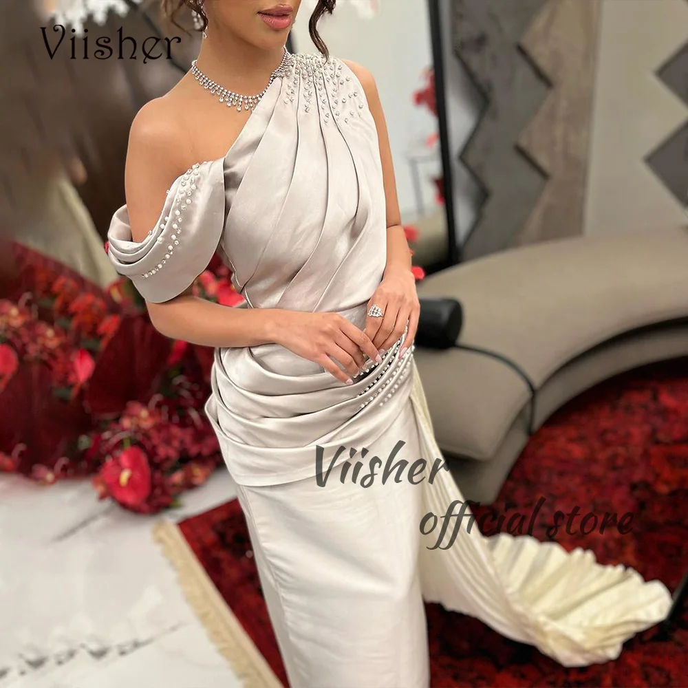 

Viisher Khaki Mermaid Evening Dresses One Shoulder Pearls Beads Pleats Satin Formal Prom Dress Long Tight Evening Party Gown