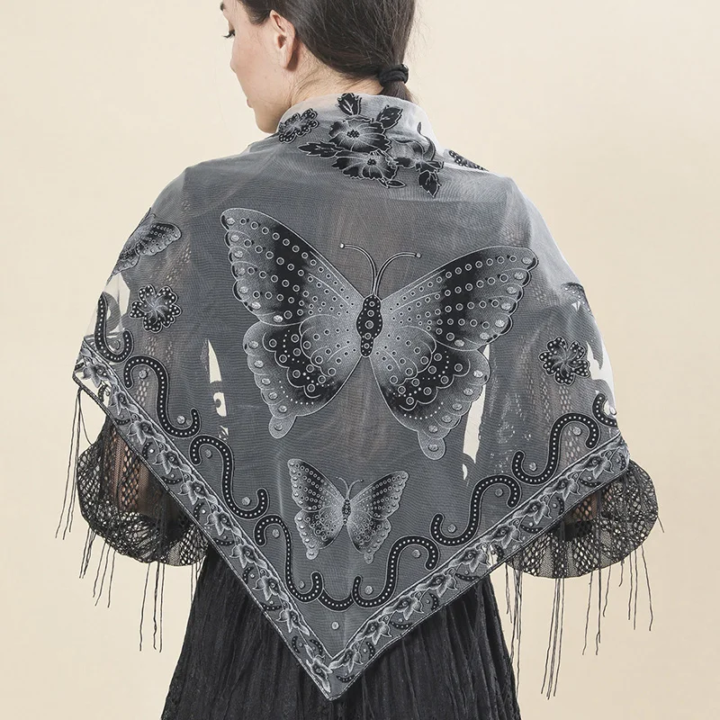 

Sexy Tassel Lace Triangular Scarf Women Wedding Cloak Cape Women Summer Long Sun Beach Towel Butterfly Printed Sunscreen Shawl