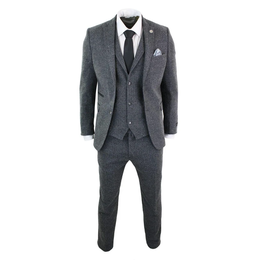 Grey 3 Piece Wedding Tuxedos Notched Lapel Two Buttons Herringbone Tweed Formal Men Suits Custom Made Peaky Blinders Bridegroom