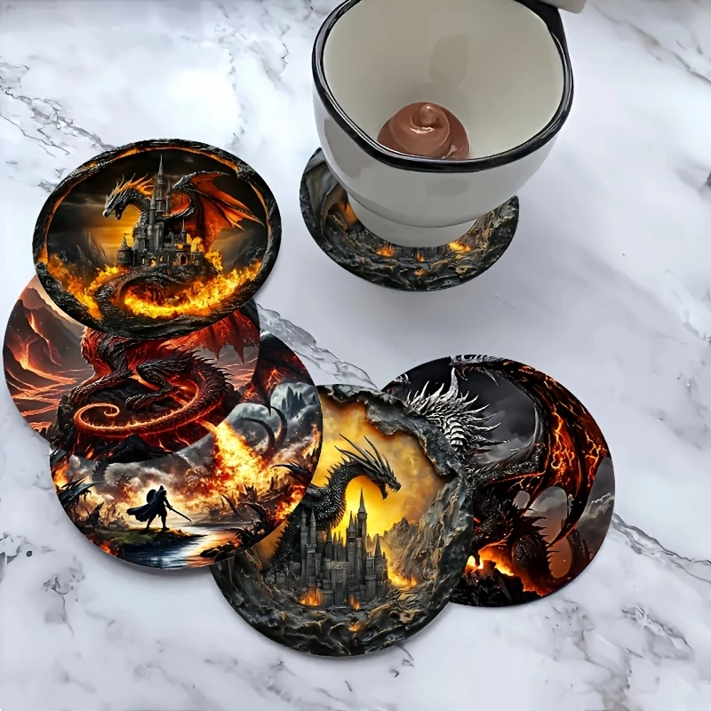 2D 8pcs Retro Black Fire Dragon Wooden Coaster Round Home Dining Desktop Decoration Cool Gift for Coffee Shop Or Bar