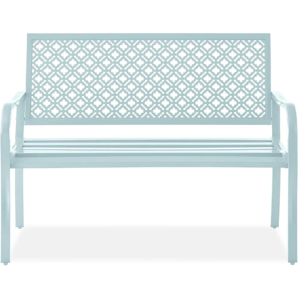 Outdoor Bench 2-Person Metal Steel Benches Furniture for Garden, Patio, Porch, Entryway w/Geometric Backres