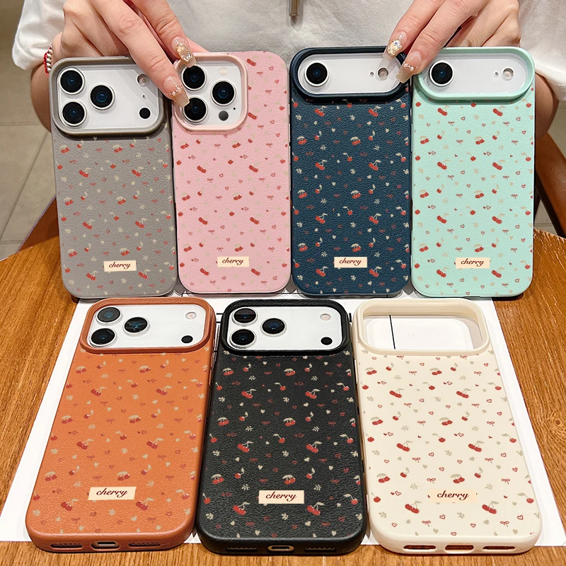 حافظة من السيليكون المقاوم للصدمات لهاتف آيفون اير 17 16 15 14 13 12 برو ماكس 17 12 برو 11 16e نسيج جلدي من البولي يوريثان الكرز الصغير كوف