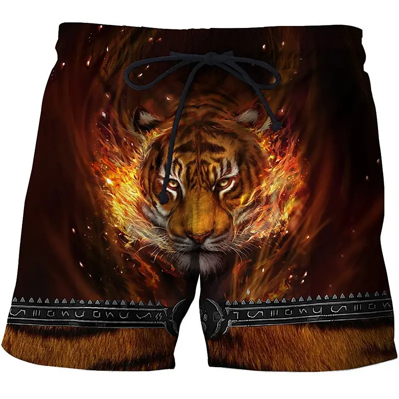 Men's Board Shorts Swim Summer Beach Pocket Drawstring Elastic Waist Tiger Letter Quick Dry Hawaiian Trunks