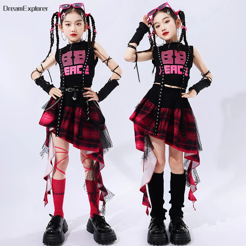 Girls Hip Hop Crop Top Plaid Street Dance Lace Ribbon Skirts Kids Sweet Jazz Cheerleader Costumes Child Streetwear Clothes Sets