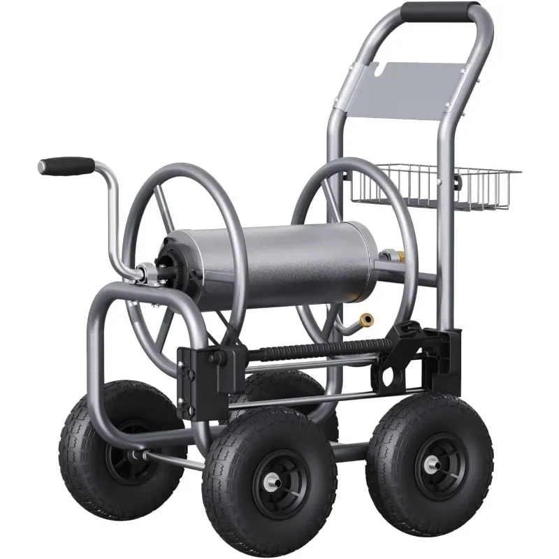 عربة بكرة خرطوم رمادي شديدة التحمل - سعة 250 قدم 5/8 بوصة، دليل مثبت مسبقًا