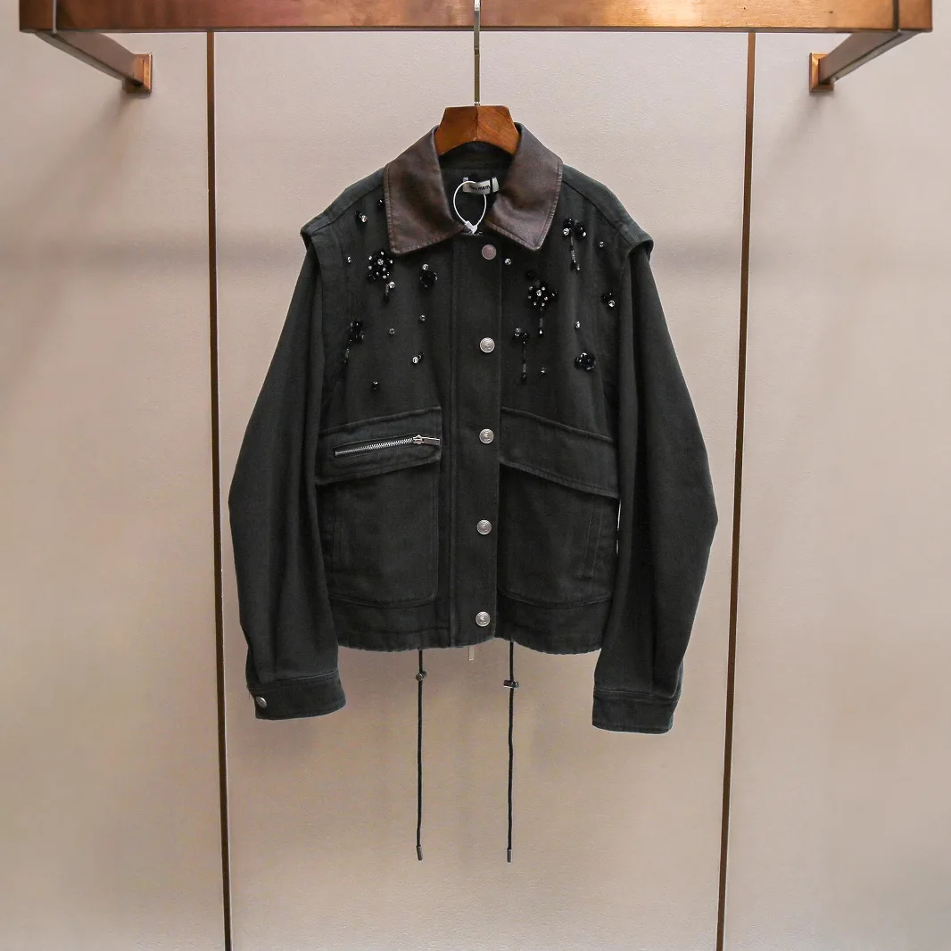 Jaqueta Feminina de Couro Retrô de Alta Qualidade MaSande com Gola de Cordão e Decoração de Contas, Casaco de Manga Longa