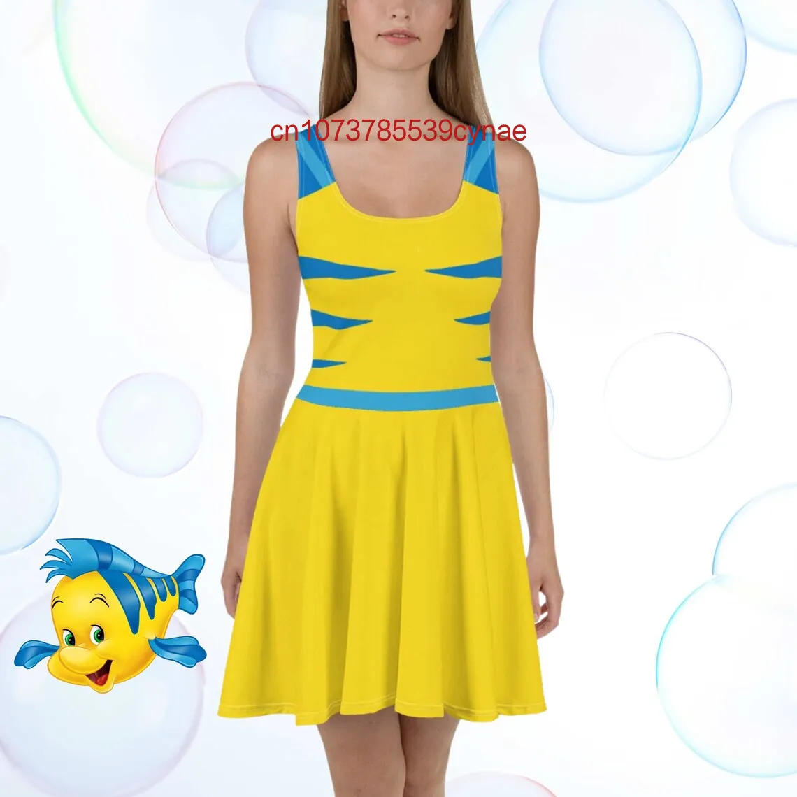 Vestido patinador de Disney Flounder para mujer, disfraz de La Sirenita, personajes a juego, vestido de pez, Top informal de moda de verano 2025