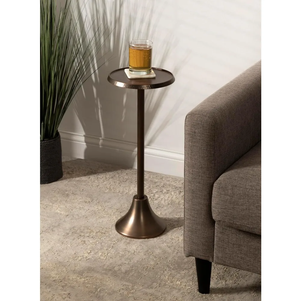 Sanzo Modern Pedestal Drink Table, 9 x 9 x 23, Bronze, Decorative End Table with Hammered Tabletop