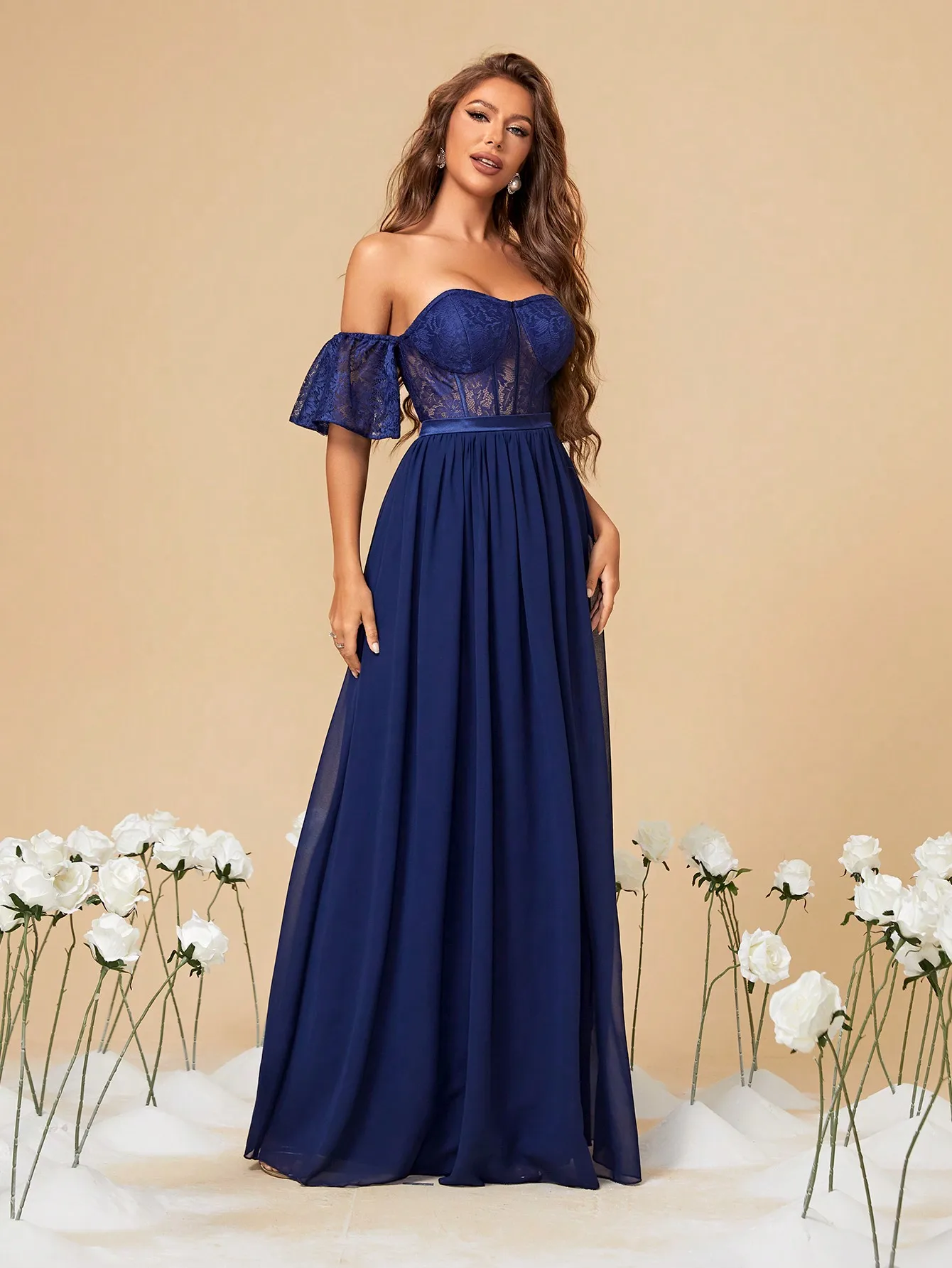 Mgiacy-فستان شيفون بطول كامل من الدانتيل على الصدر بأكمام لوتس ، مرقع ، ثوب سهرة ، فستان حفلة موسيقية ، فستان حفلة موسيقية #4