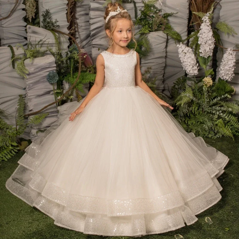 

White Tulle Puffy Round Neck Shiny Hem With Big Bow For Wedding Birthday Party First Communion Gowns Flower Girl Dresses