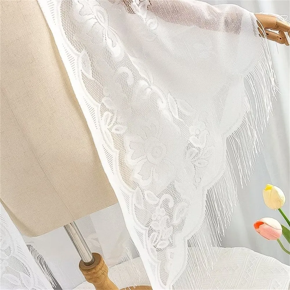 Fashion Tassel Patchwork Tulle Scarf Hollow Solid Color Lace Shawl Breathable Party Accessories V-Neck Cardigans