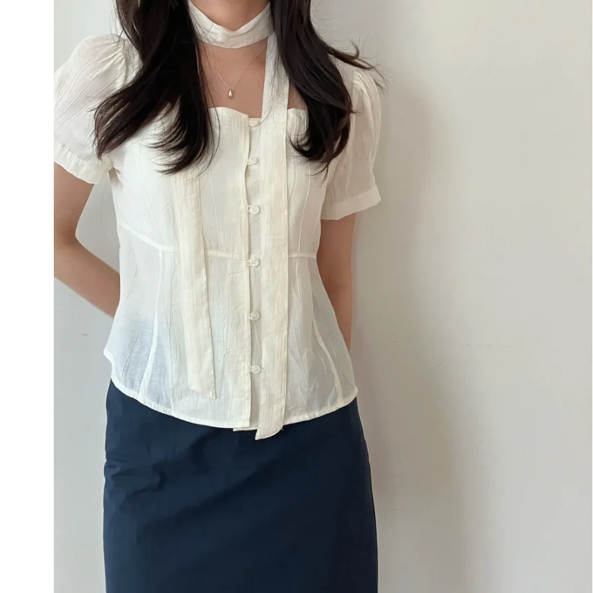 Ele Summer ort Sve irt enkele knoop stropdas vierkante kraag casual Sle dames Faion Bubble Sve normaal dun