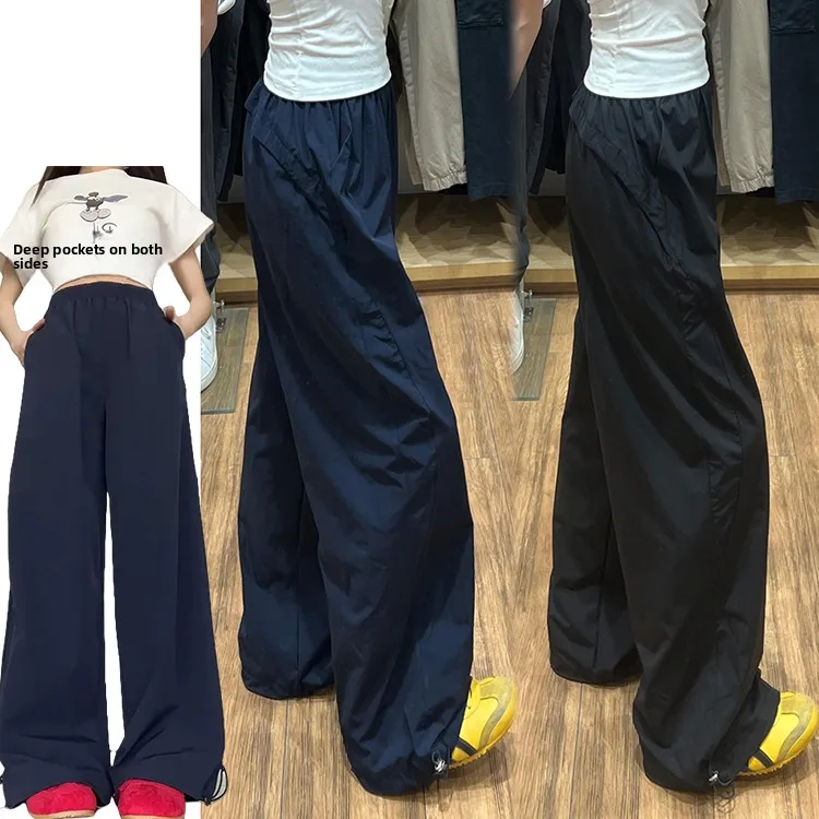 Amerykańskie uniwersalne spodnie robocze damskie na lato, cienkie, luźne, z szerokimi nogawkami, codzienne, proste, z wysokim stanem i elastyczną talią.