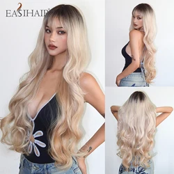 Blonde Ombre Synthetische Pruiken Met Pony Lang Krullend Golvend Haar Natuurlijke Pruik Voor Witte Vrouwen Cosplay Party Hittebestendig Nep Haar