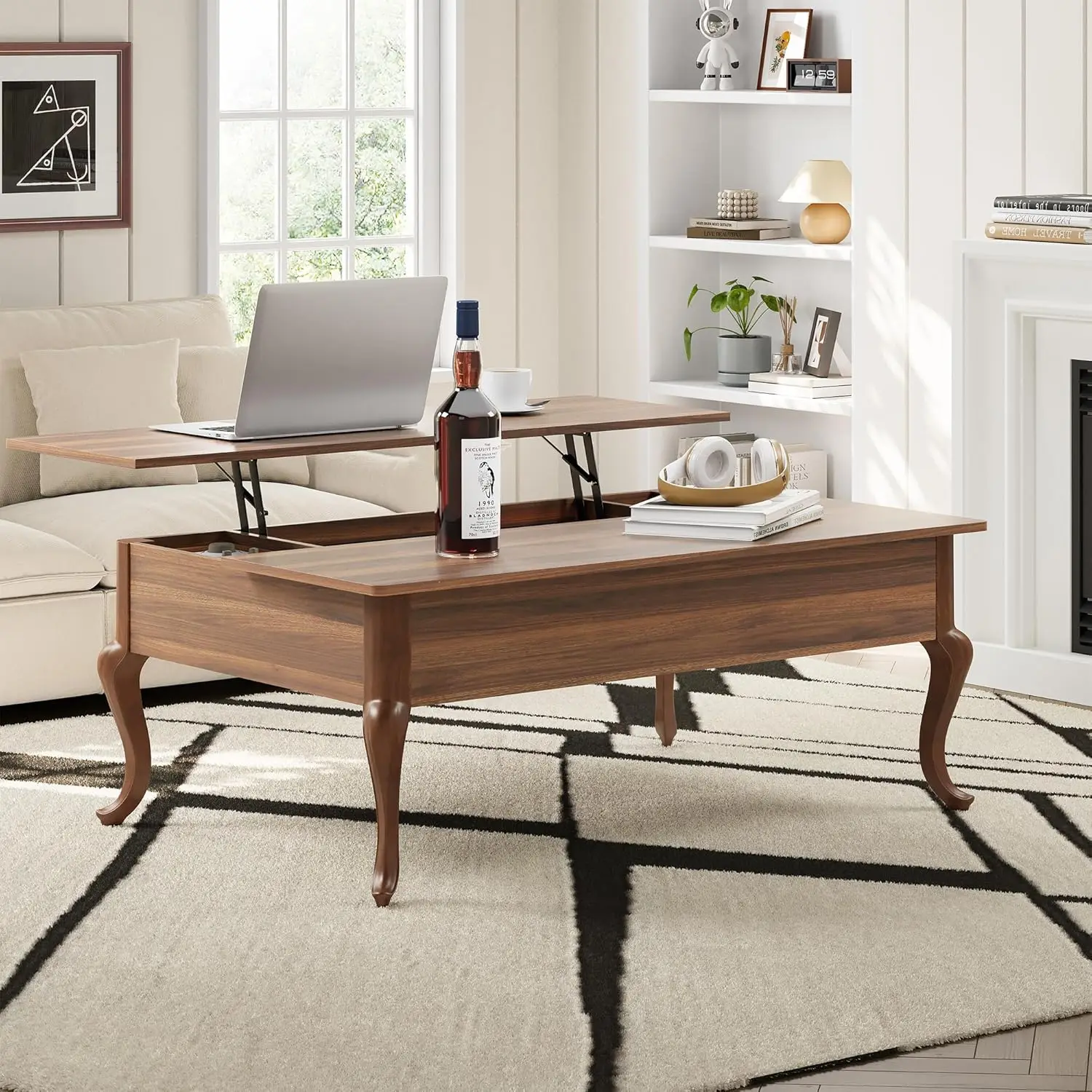 

Walnut Farmhouse Lift Top Coffee Table - Wooden Center Table with Hidden Storage, Suitable for Living Room