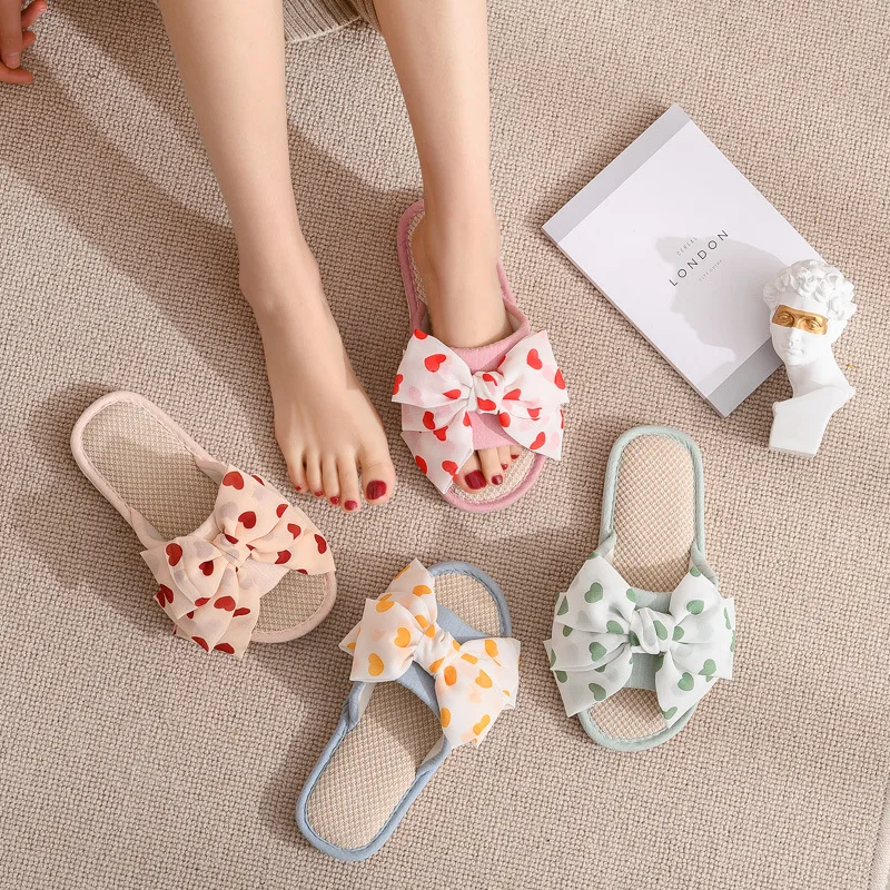 2026 Summer New Linen House Slippers Women Breathable Fabric Indoor Home Slides Heart Bow Comfortable Casual Shoes