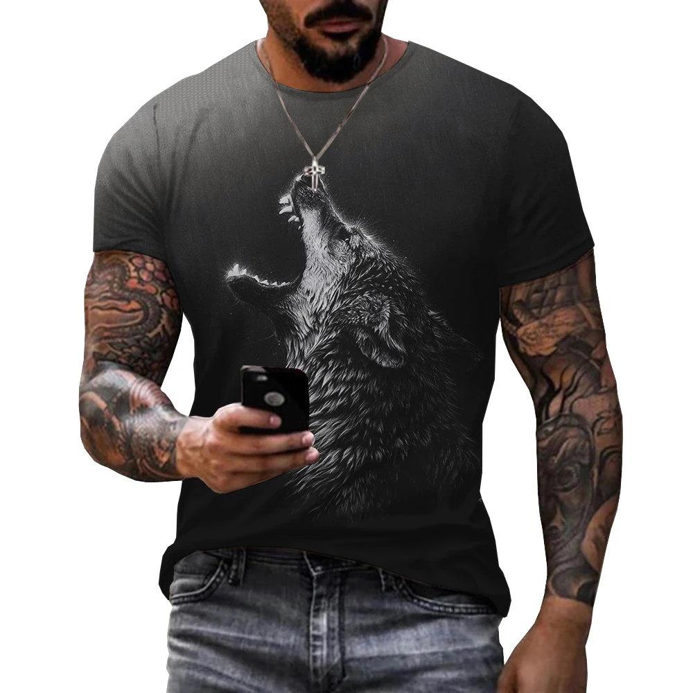 Newest Summer Men\'s 3D Printed T-Shirt Men\'s Wolf Graphic Printed Tshirt Cool Black White Short Sleeve Digital Printed T-Shirt.