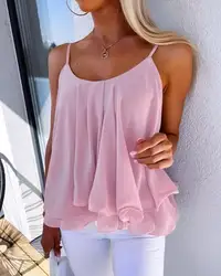 Women Fashion New Vest Casual Scoop Neck Sweet Style Spaghetti Strap Blouses Ladies 2023 Summer Ruffle Hem Flowy Cami Top Female