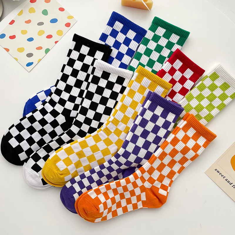 Skarpetki damskie Plaid Checker Autumn Winter Black White Hip Hop Harajuku Cotton Streetwear Short Checkerboard Sock Calcetines Mujer